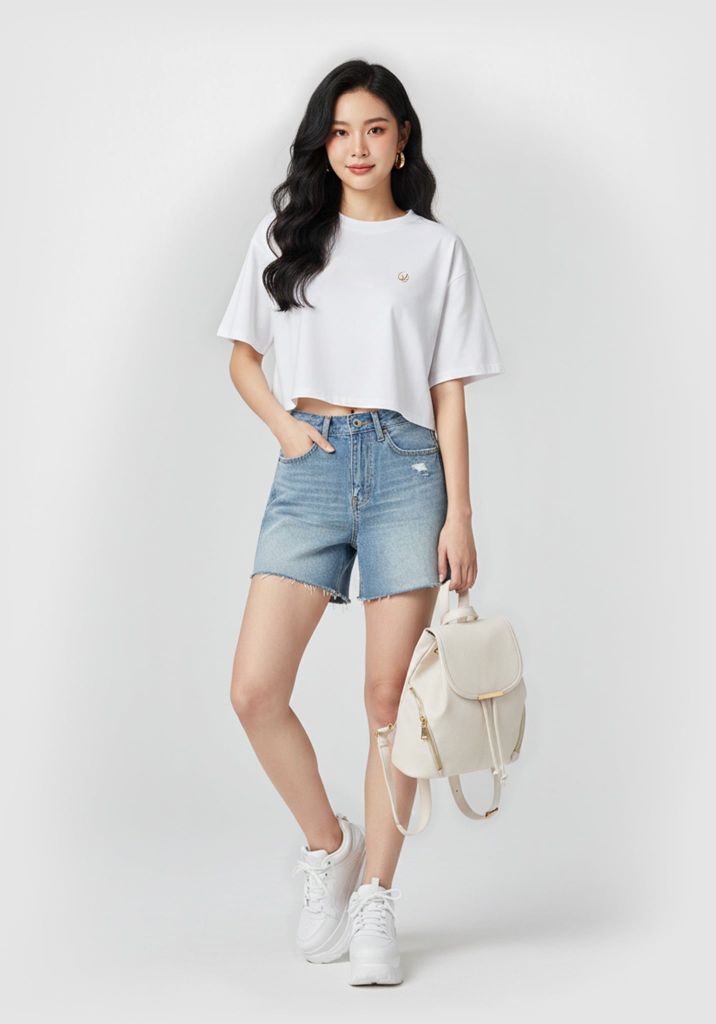 ÁO THUN NỮ DÁNG CROP RỘNG MÀU TRẮNG IN LOGO TRÒN - 225WN1023B1