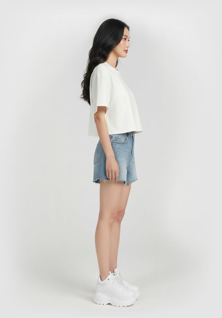 ÁO THUN NỮ DÁNG CROP RỘNG MÀU TRẮNG IN LOGO TRÒN - 225WN1023B1