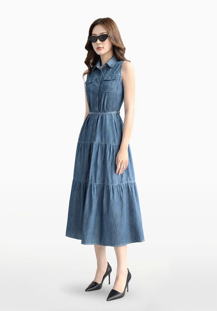 ĐẦM DENIM MEDIUM BLUE FORM MAXI KHÔNG TAY - 125WD2127F2