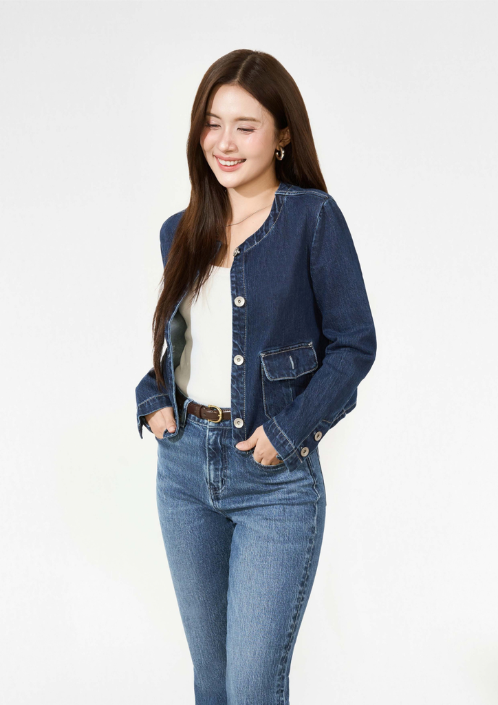ÁO KHOÁC DENIM NỮ CỔ TRÒN DÁNG LỬNG MÀU XANH ĐẬM - 126WD2044F3