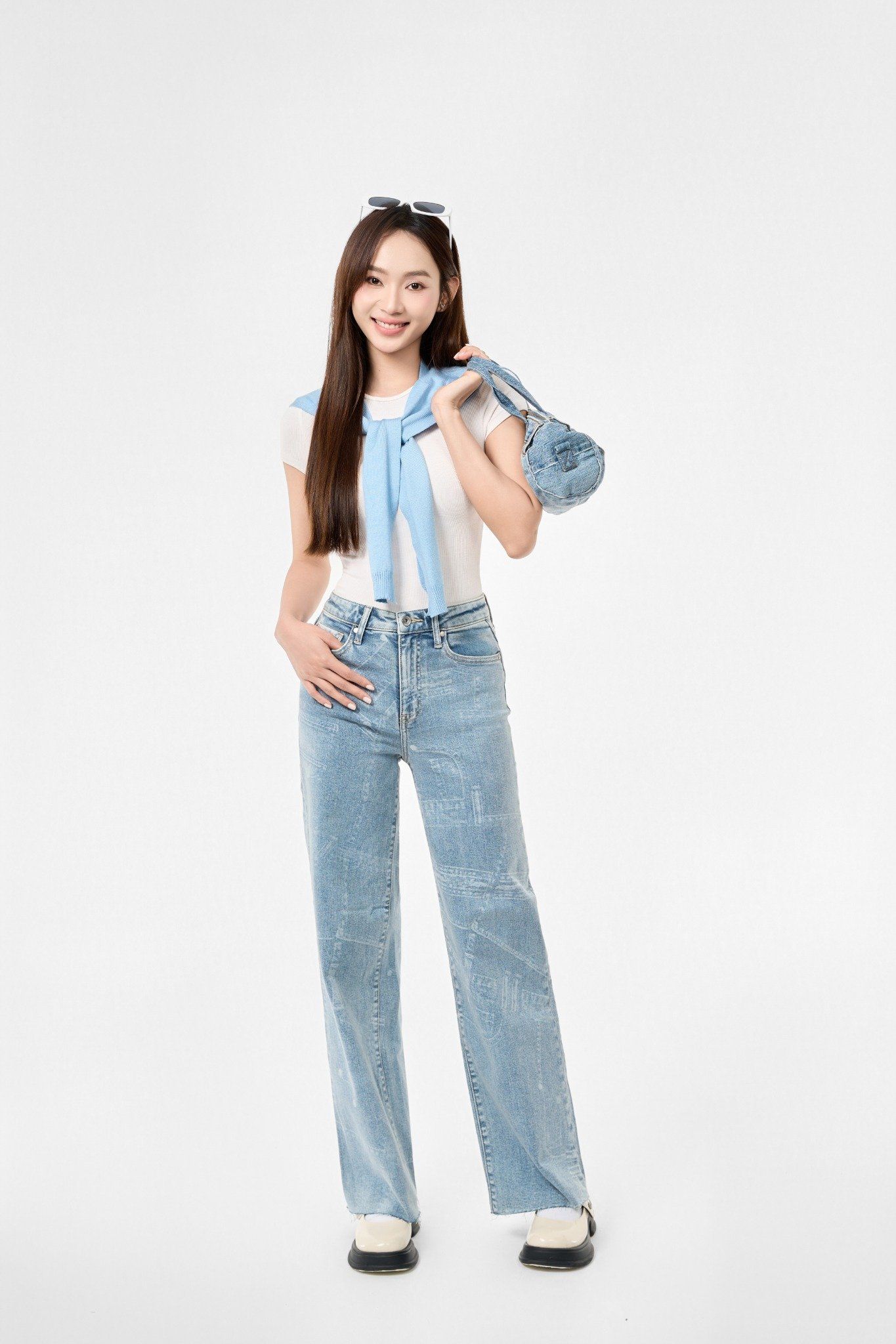 QUẦN DÀI NỮ DENIM LIGHT BLUE LASER FORM WIDE LEG - 224WD1085F4