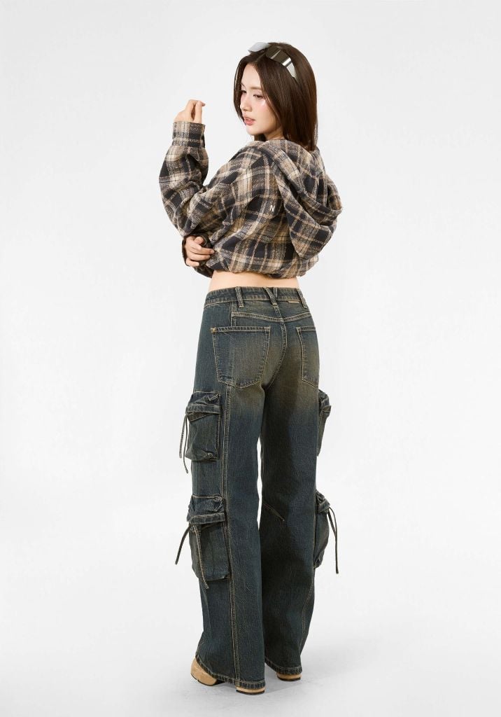 QUẦN JEANS NỮ DÁNG RELAX CARGO MÀU XANH VINTAGE - 126WD1080F3