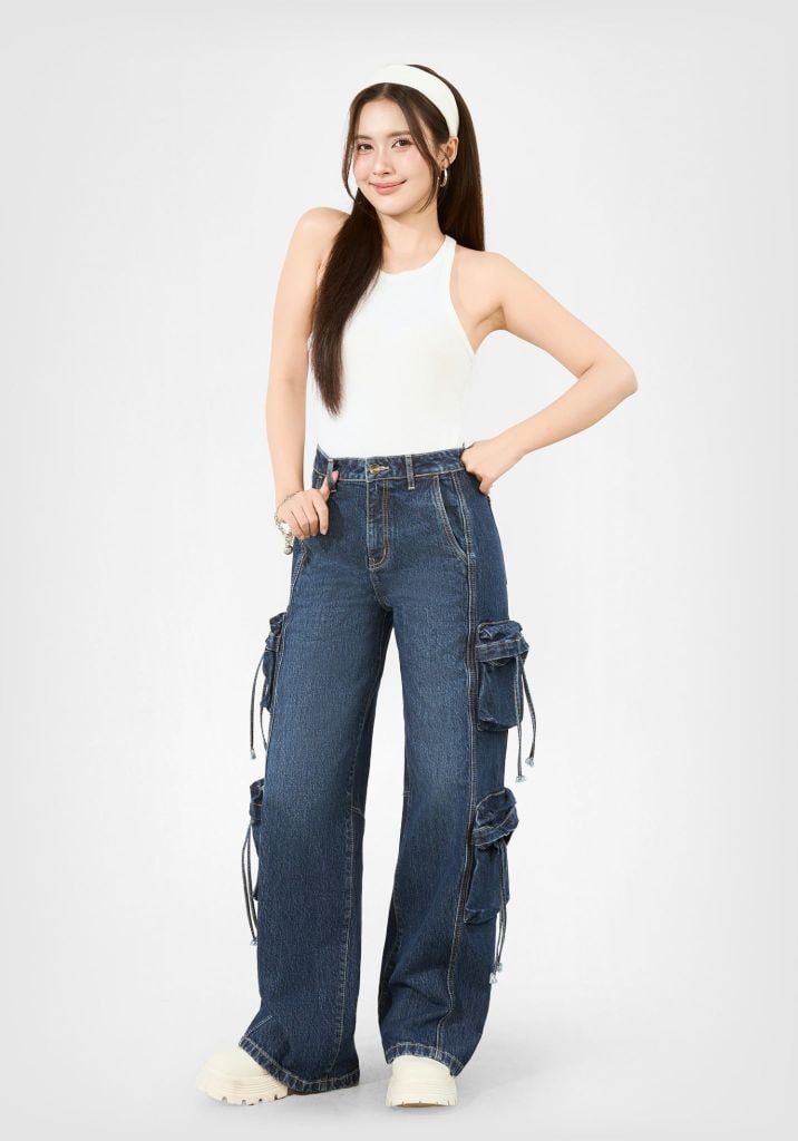 QUẦN JEANS NỮ DÁNG RELAX CARGO MÀU XANH ĐẬM - 126WD1080F3