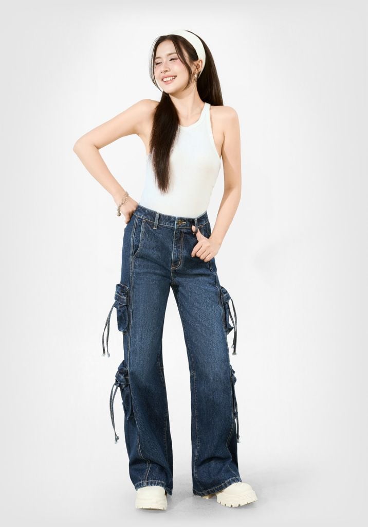 QUẦN JEANS NỮ DÁNG RELAX CARGO MÀU XANH ĐẬM - 126WD1080F3
