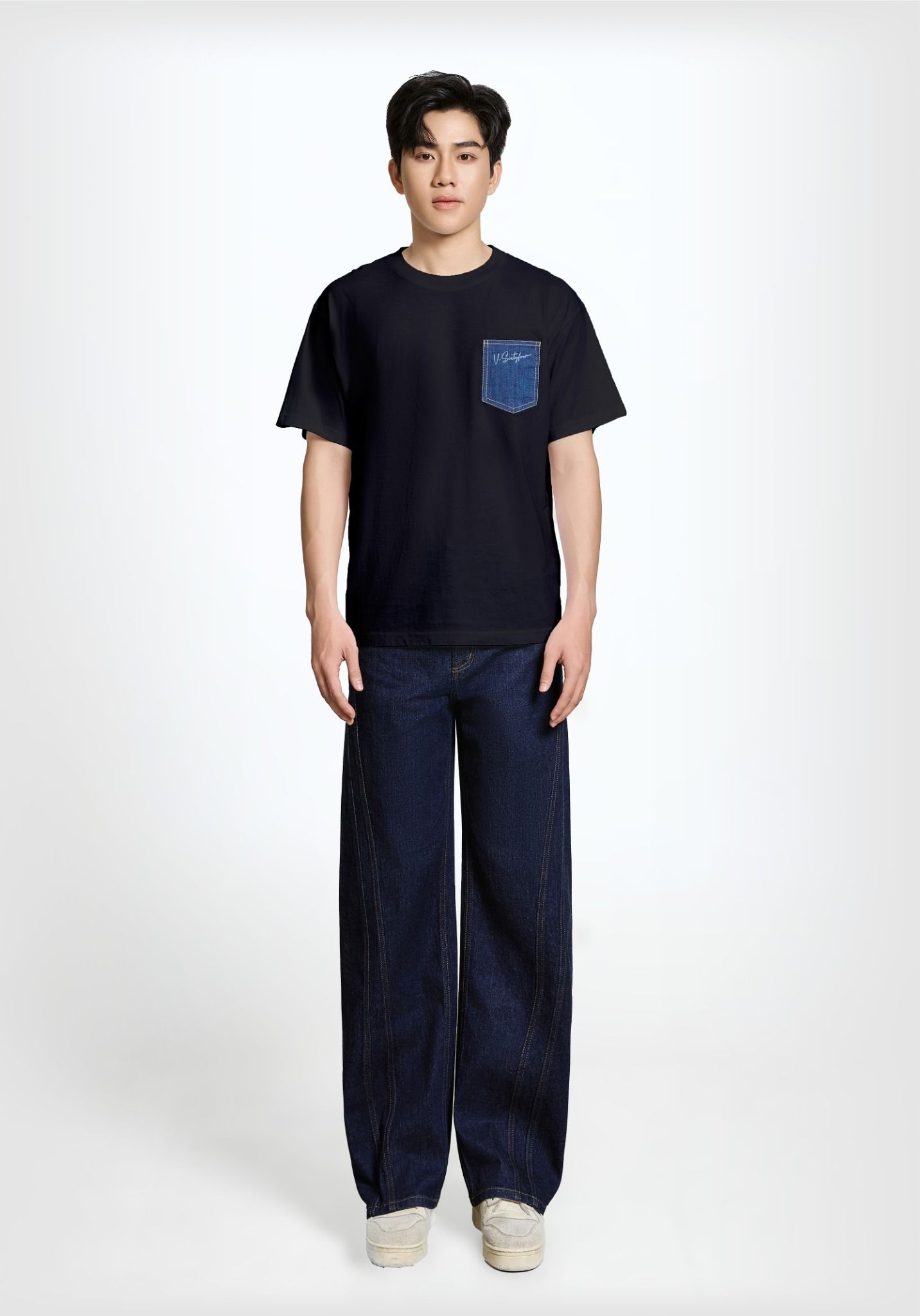 ÁO THUN NAM OVERSIZE ĐEN ĐẮPTÚI DENIM LASER CHỮ KÝ V-SIXTYFOUR - 225MN3023B2