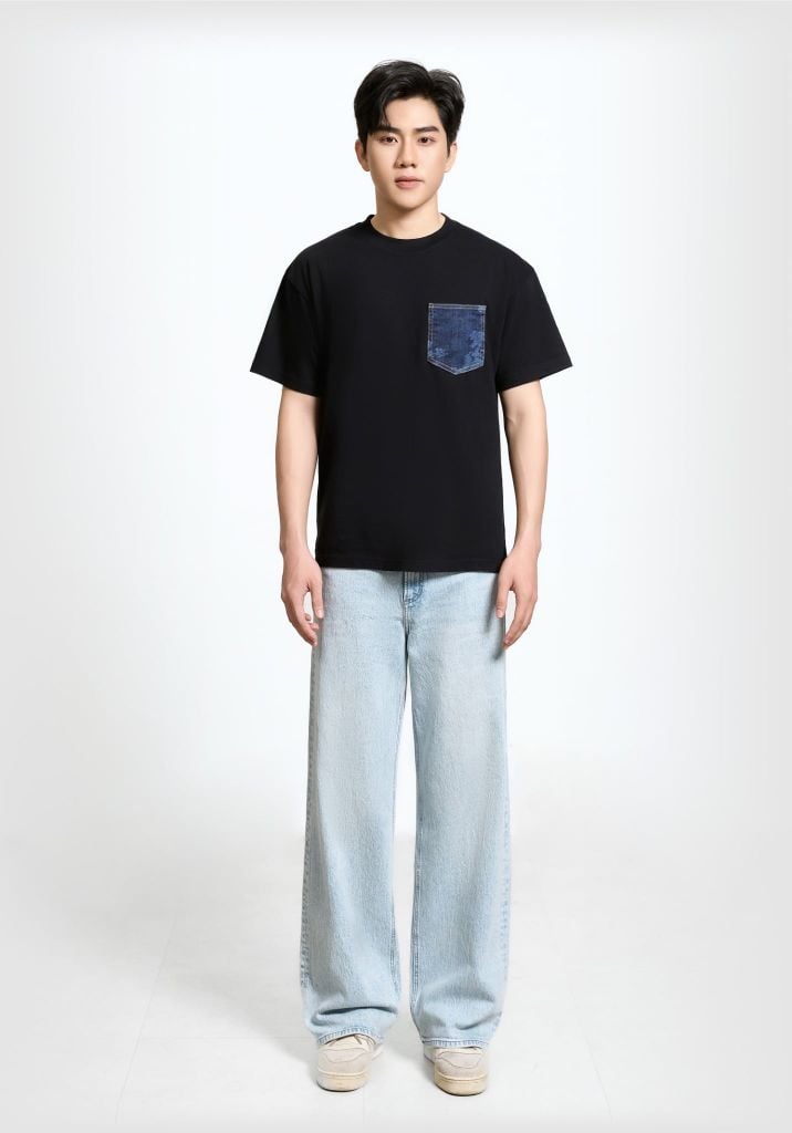 ÁO THUN NAM OVERSIZE ĐEN ĐẮPTÚI DENIM LASER CAMO - 225MN3023B1