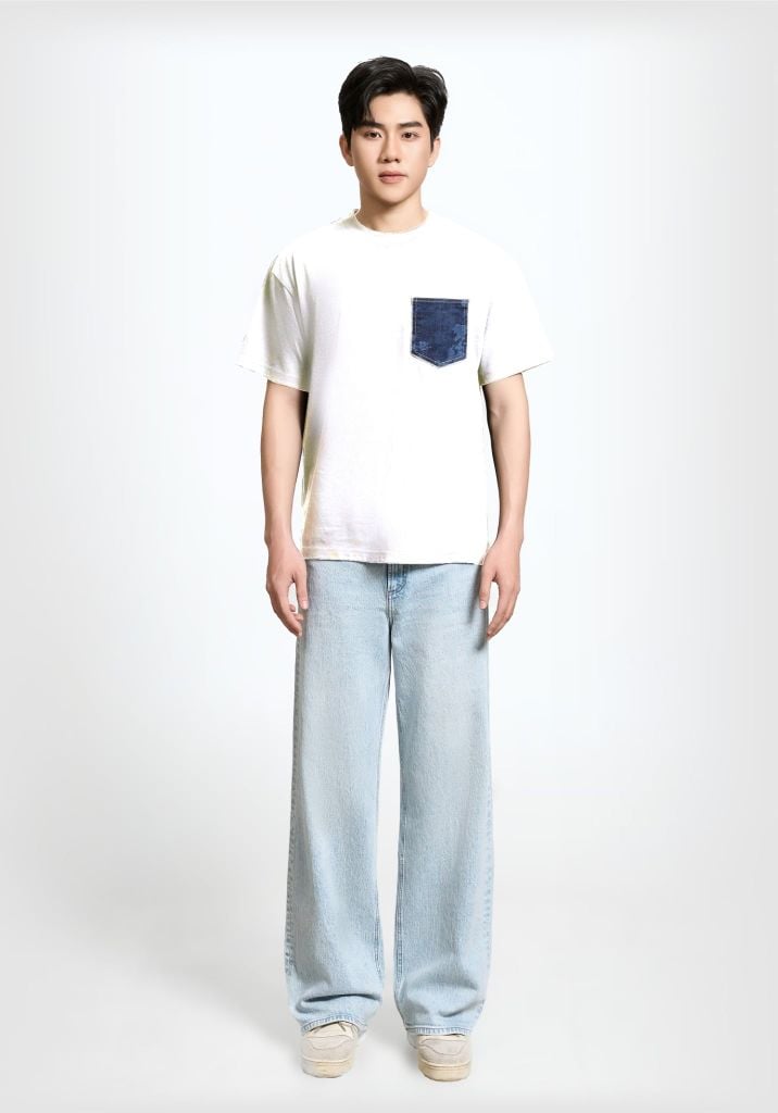 ÁO THUN UNISEX FORM OVERSIZE TRẮNG ĐẮP TÚI DENIM LASER CAMO - 225MN3023B1