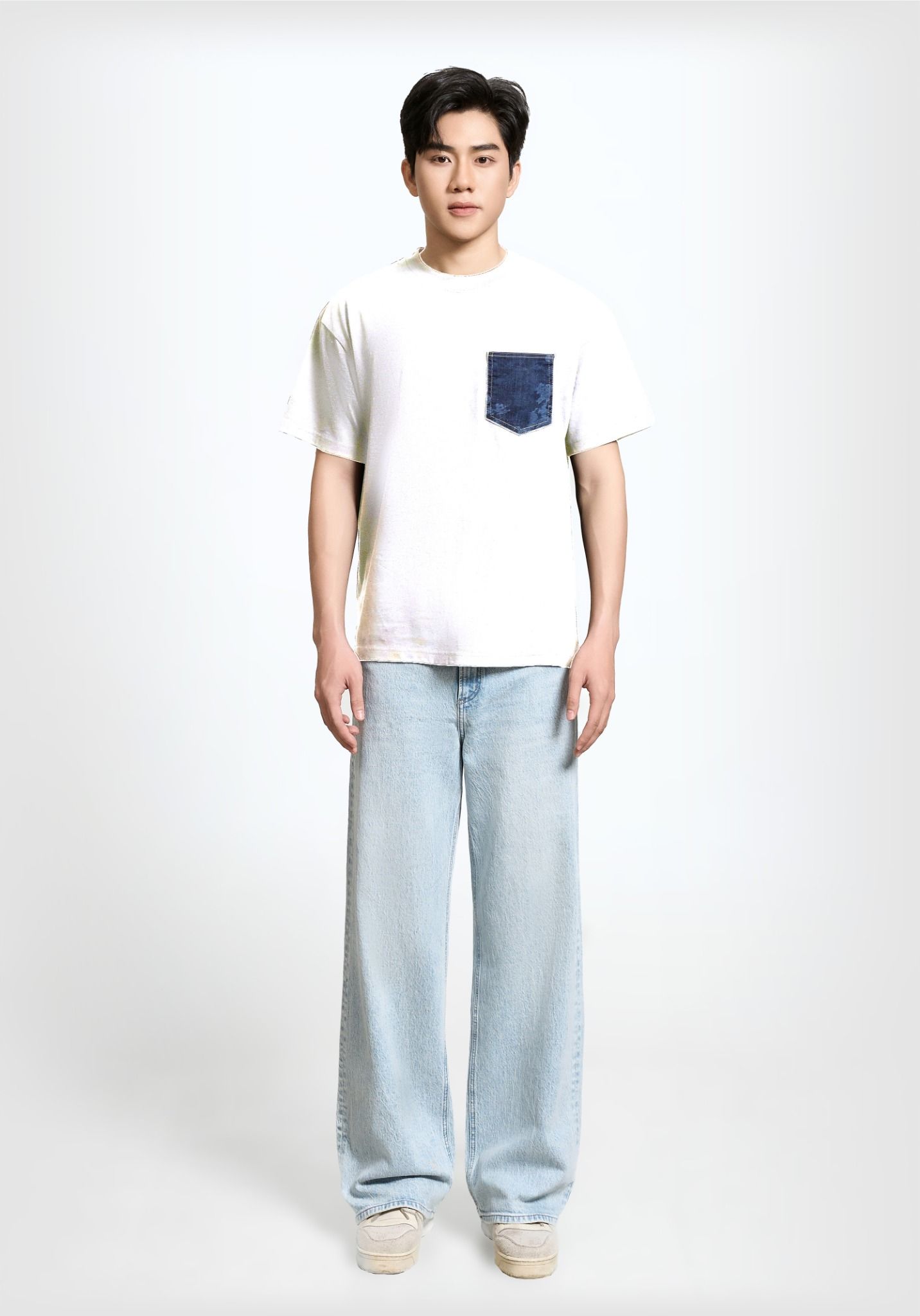 ÁO THUN UNISEX FORM OVERSIZE TRẮNG ĐẮP TÚI DENIM LASER CAMO - 225MN3023B1