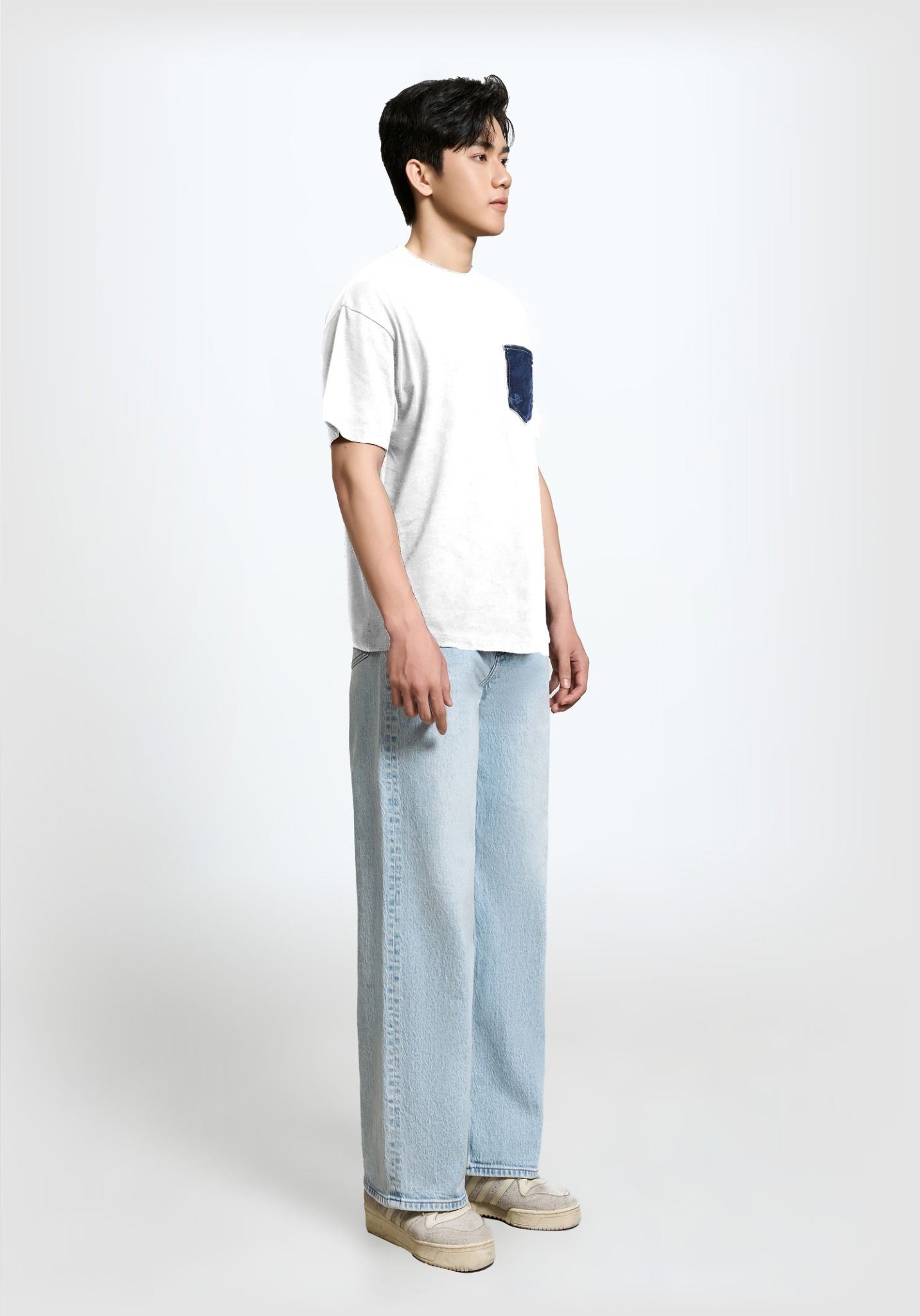 ÁO THUN UNISEX FORM OVERSIZE TRẮNG ĐẮP TÚI DENIM LASER CAMO - 225MN3023B1