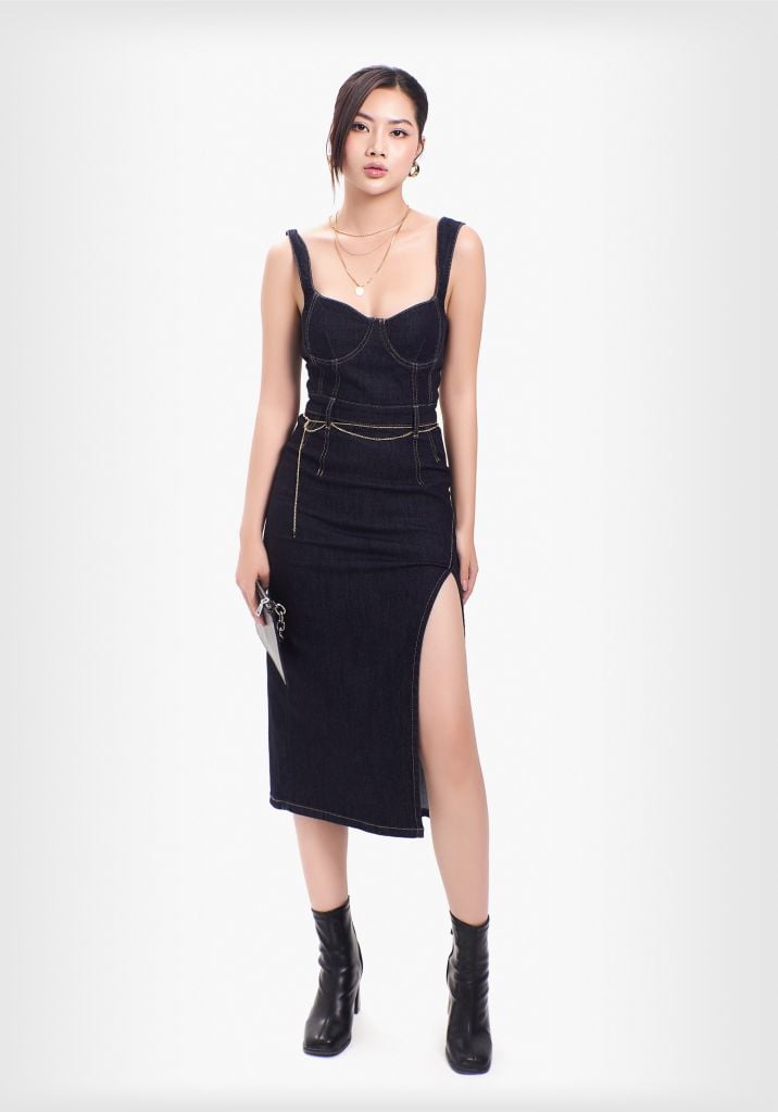 Đầm Nữ Dáng Ôm Cúp Ngực, Xẻ Tà. Women's Denim Dress, Slim Fit, Low-cut - 223WD2127F3