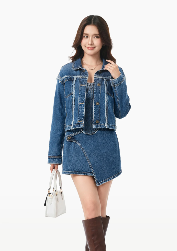 ÁO KHOÁC NỮ DENIM MEDIUM BLUE  FORM CROP RỘNG - 224WD1044F1