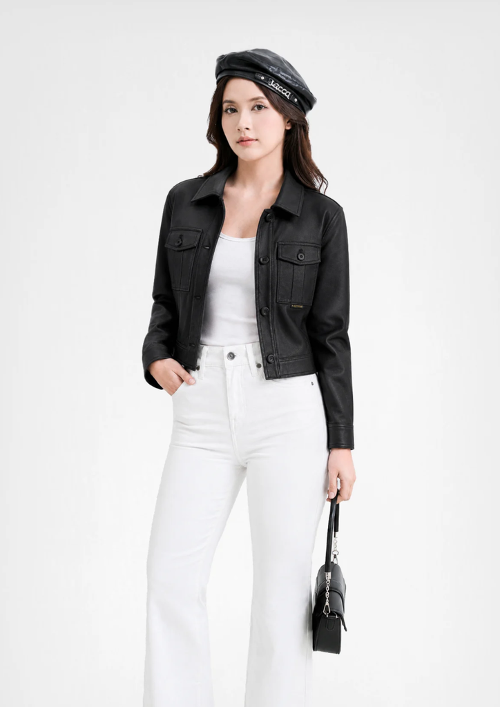 Áo Khoác Nữ Giả Da Màu Đen - Women's Black Faux Leather Jacket - 224WD2044F1