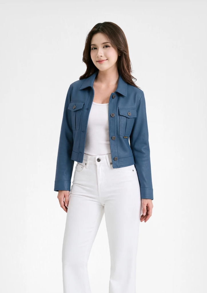 Áo Khoác Nữ Giả Da Màu Med Blue - Women's Med Blue Faux Leather Jacket - 224WD2044F1