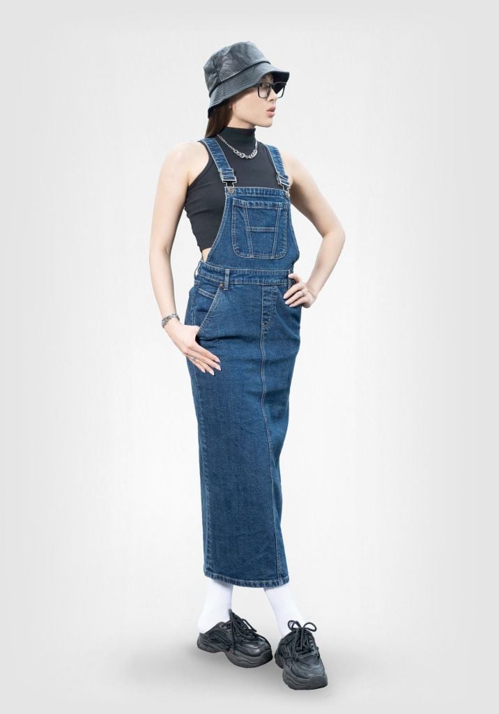 Váy Yếm Suông Dài Xẻ Thân Sau Màu Xanh Đậm - Long Denim Pinafore Dress Dark Blue - 124WD1132B1
