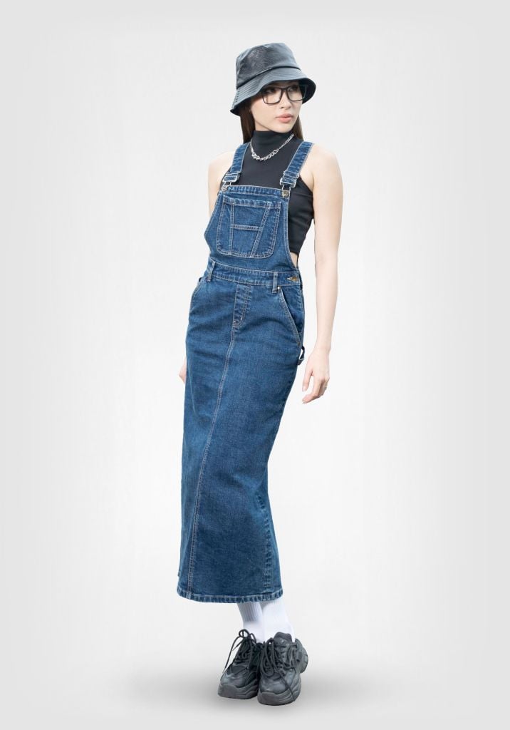 Váy Yếm Suông Dài Xẻ Thân Sau Màu Xanh Đậm - Long Denim Pinafore Dress Dark Blue - 124WD1132B1