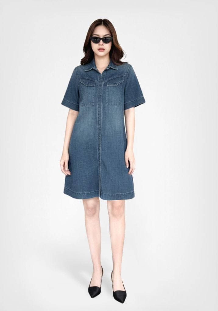 Đầm Sơ Mi Denim Form Rộng Ngắn Tay - 224WD2125F2
