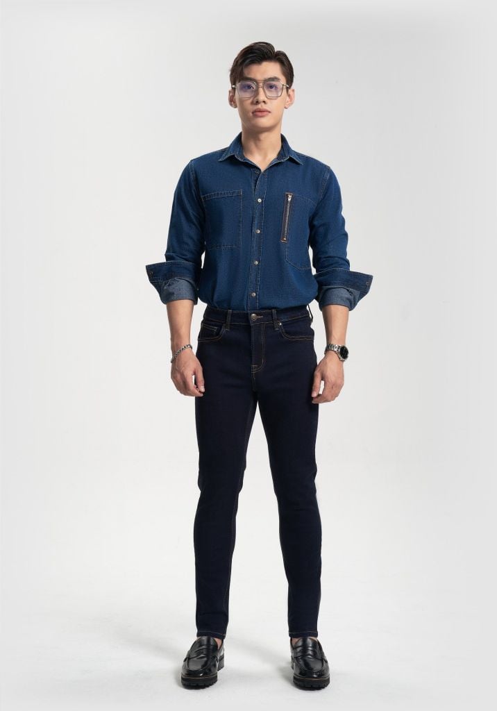Áo Sơ Mi Denim Nam Dáng Suông Dây Kéo - Men's Denim Button-Up Shirt Zipper - 122MD3034F1