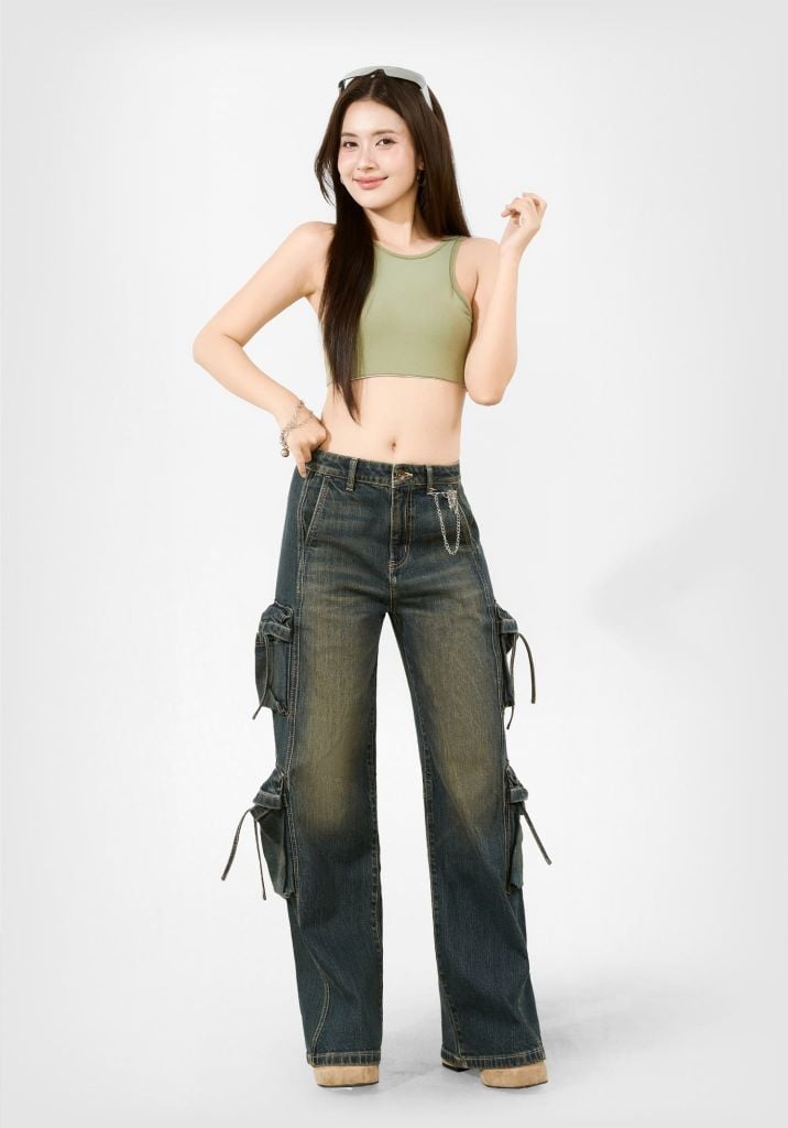 QUẦN JEANS NỮ DÁNG RELAX CARGO MÀU XANH VINTAGE - 126WD1080F3