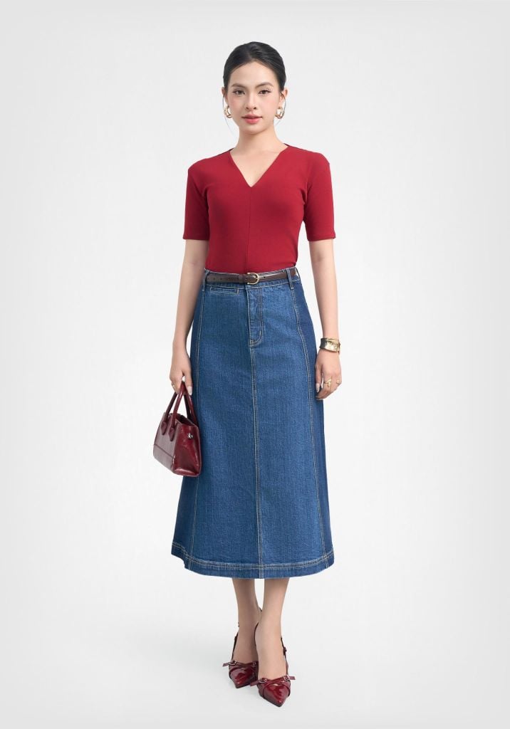 CHÂN VÁY DENIM NỮ V-SIXTYFOUR DÁNG CHỮ A LASER SỌC DỌC - 126WD2113F1