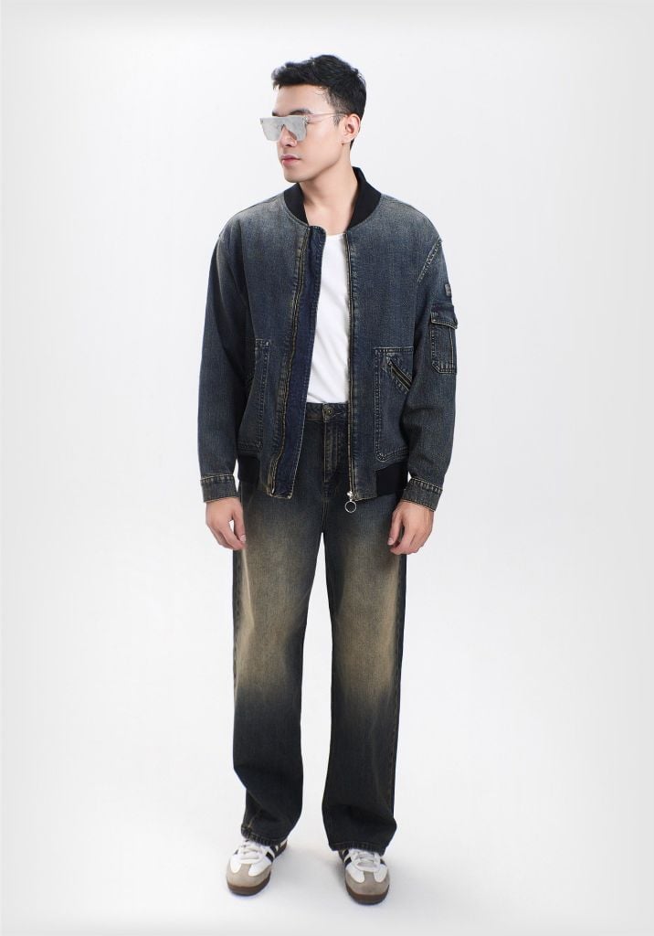 Áo Khoác Nam Dáng Bomber Dây Kéo Màu Wash Vintage Dark Blue - 124MD3044F3