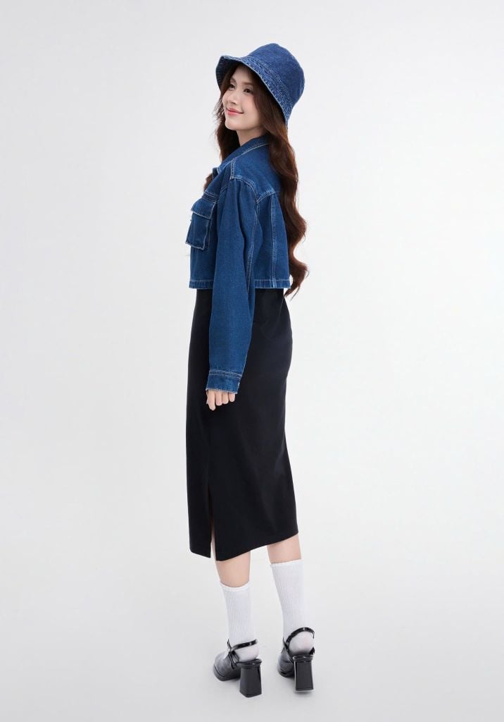 ÁO KHOÁC NỮ DENIM DARK BLUE TÚI HỘP FORM CROP - 125WD1044F1