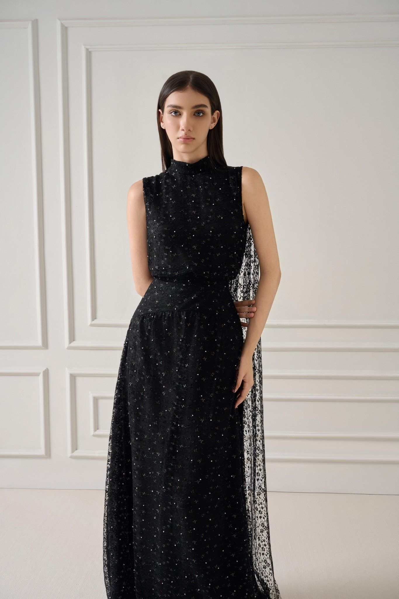 ZUKA LACE EFFECT SCRAF LONG DRESS