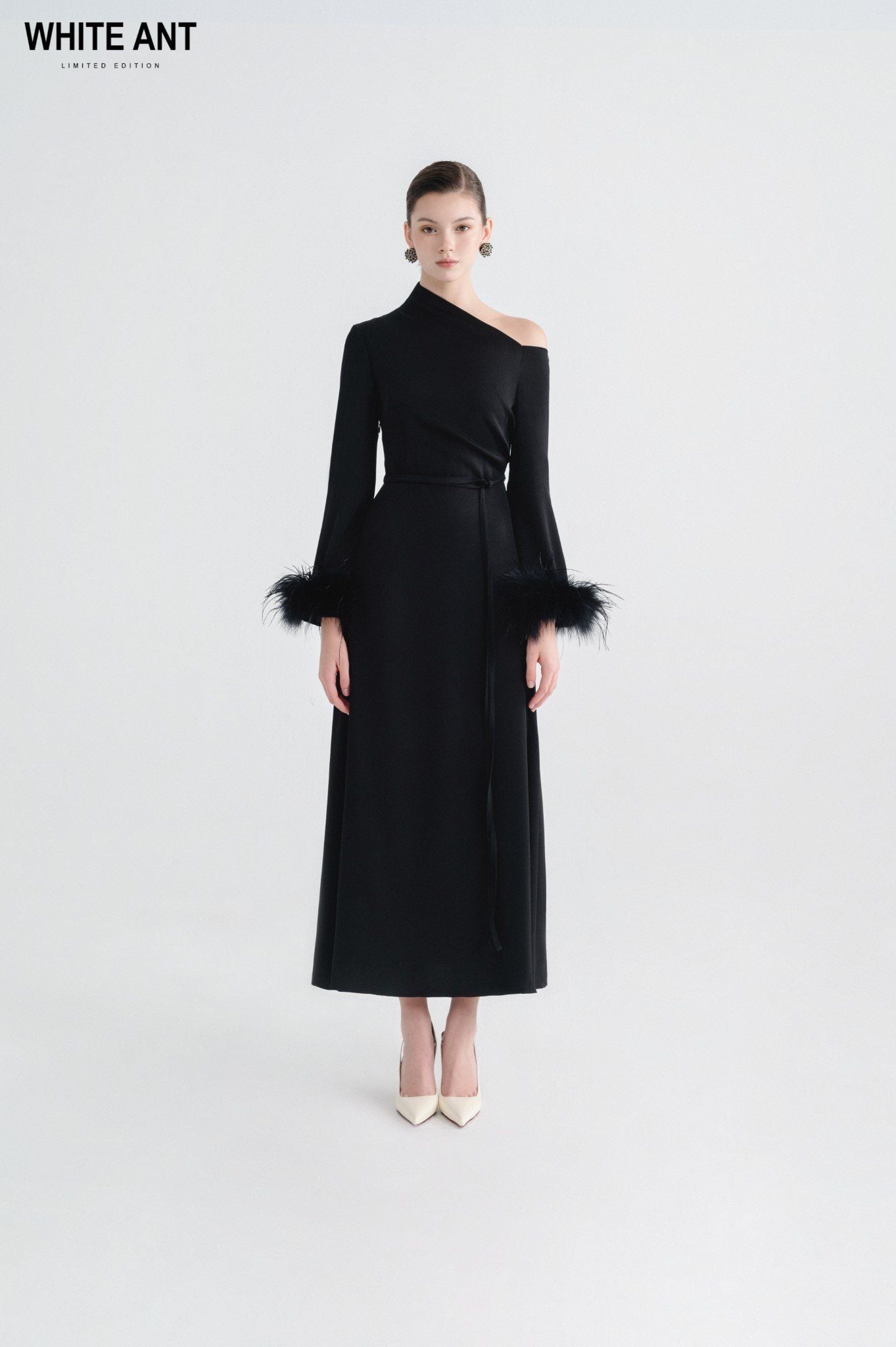 ADELA ONE - SHOULDER FEATHER MIDI DRESS