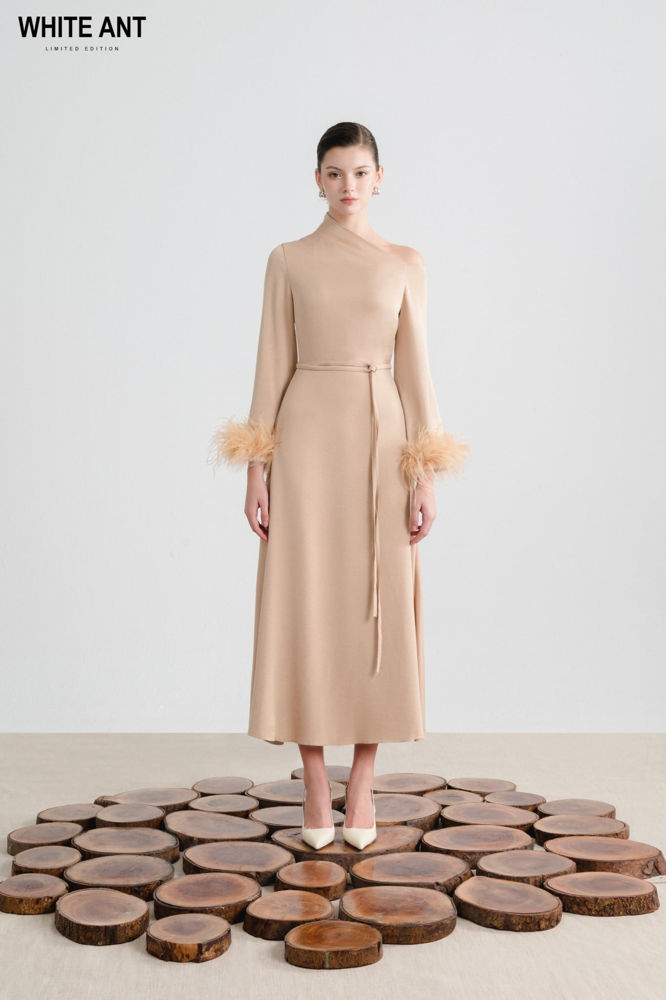  ADELA ONE - SHOULDER FEATHER MIDI DRESS 