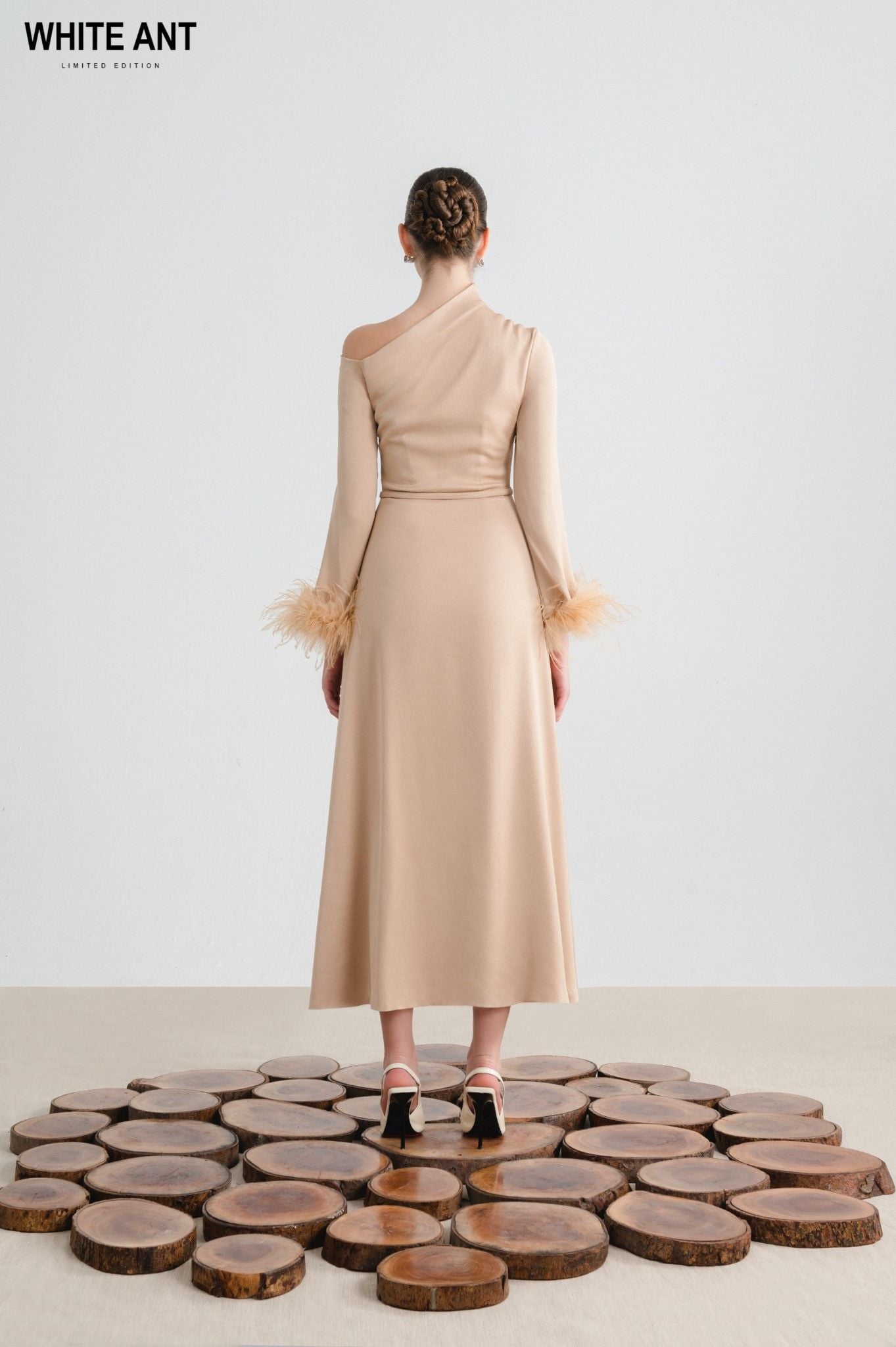 ADELA ONE - SHOULDER FEATHER MIDI DRESS