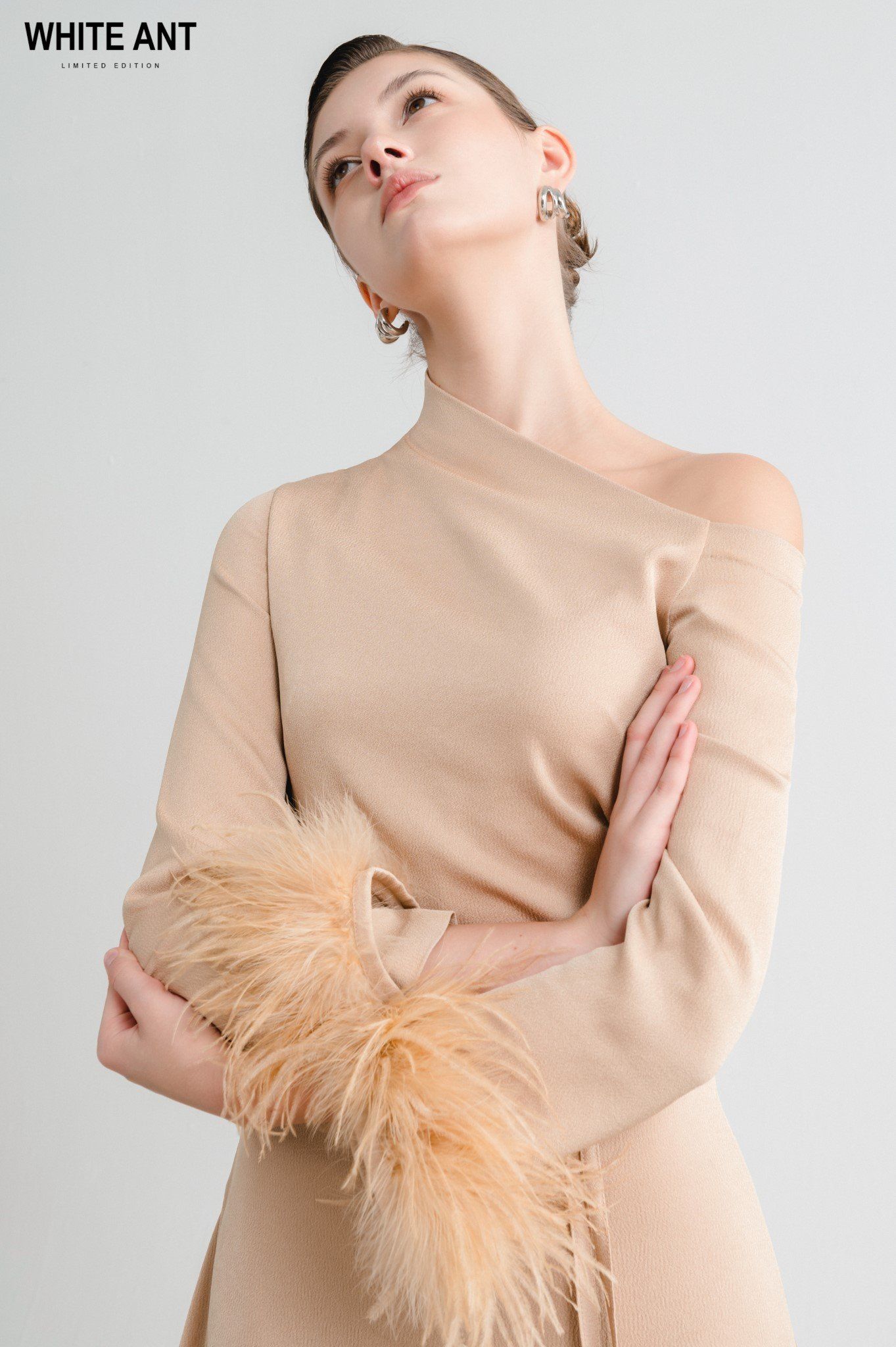 ADELA ONE - SHOULDER FEATHER MIDI DRESS