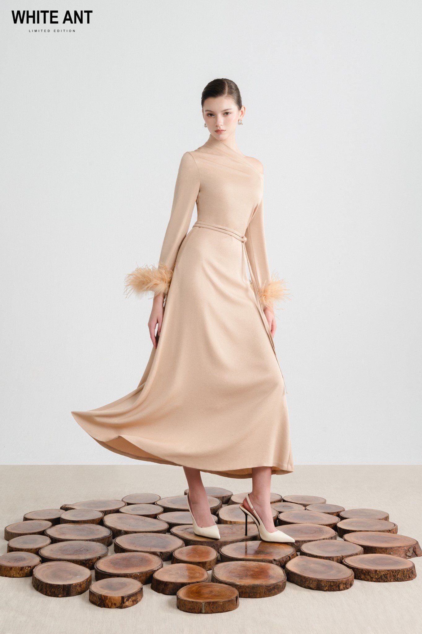 ADELA ONE - SHOULDER FEATHER MIDI DRESS