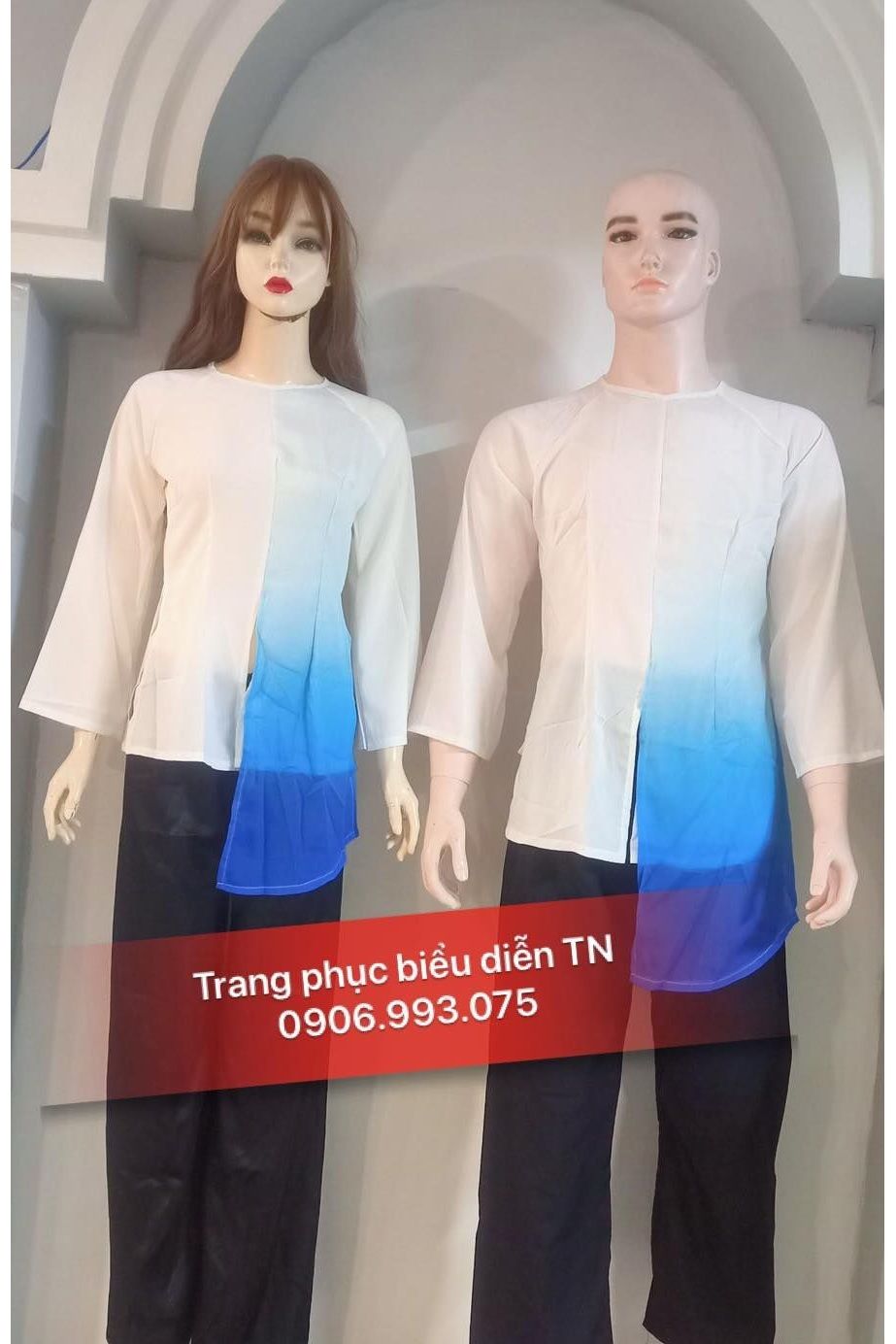 ABB16 - Áo Bà Ba Nam Nữ Trắng Tà Loang Xanh