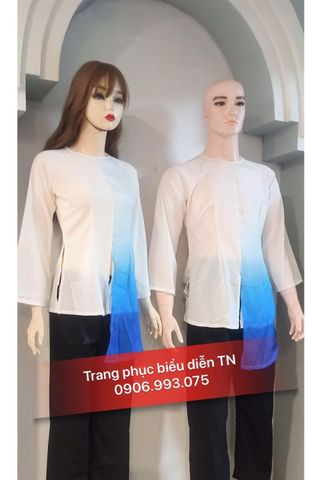  ABB16 - Áo Bà Ba Nam Nữ Trắng Tà Loang Xanh 