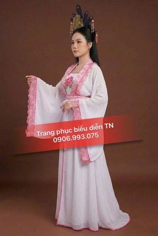  HT126 - Trang Phục Hằng Nga Cổ Trang Trắng Viền Ren Hồng 