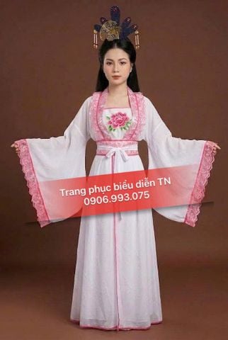  HT126 - Trang Phục Hằng Nga Cổ Trang Trắng Viền Ren Hồng 