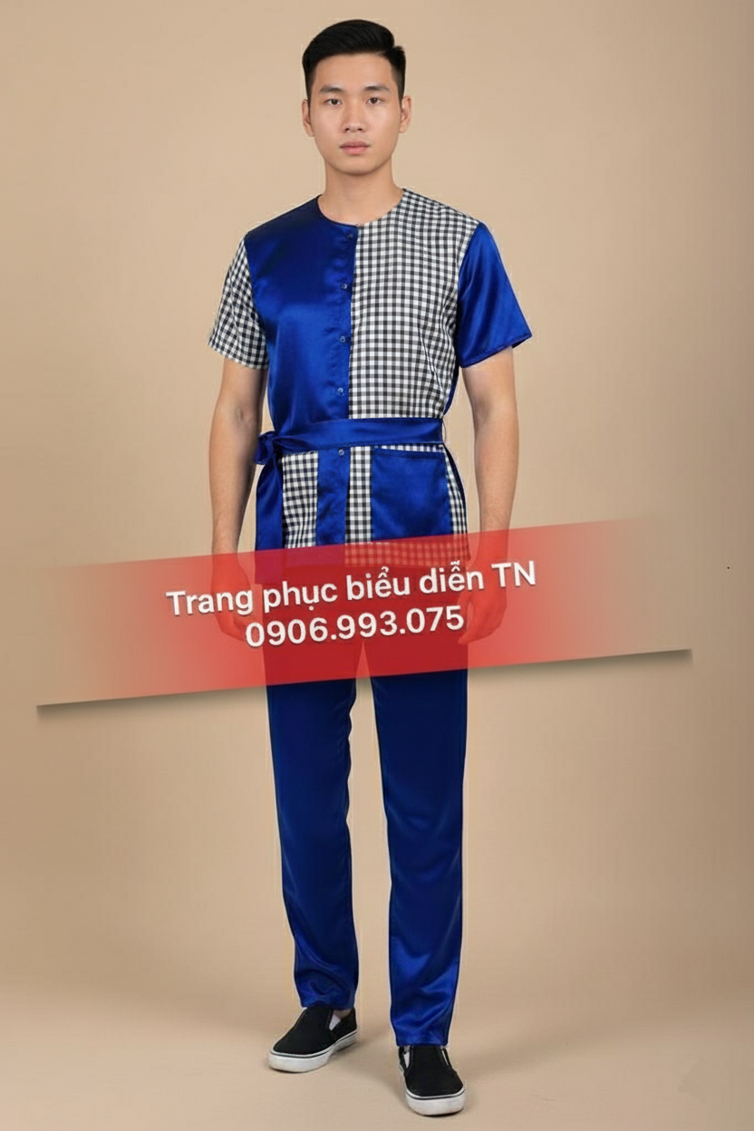 ABB26 - Áo Bà Ba Nam Nữ Xanh Coban Phối Caro