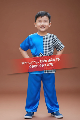  TE35 - Trang Phục Bà Ba Trẻ Em Xanh Dương Phối Caro 