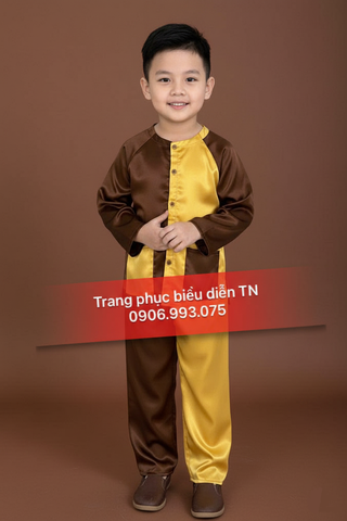  TE31 - Trang Phục Bà Ba/Trung Thu Trẻ Em Nâu Phối Vàng 