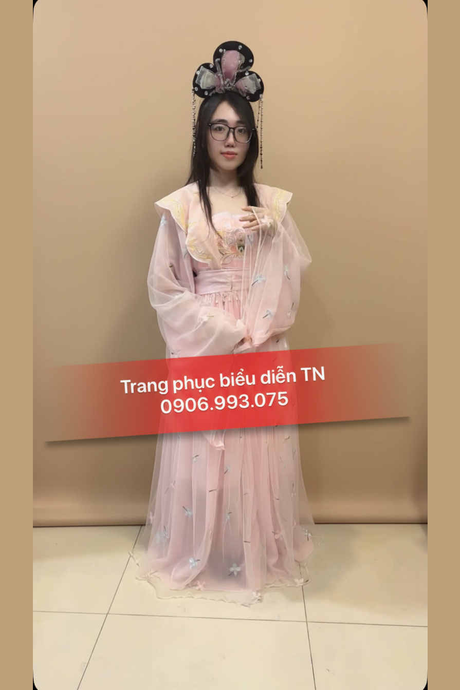 HT127 - Trang Phục Hằng Nga Cổ Trang Trắng Viền Hồng