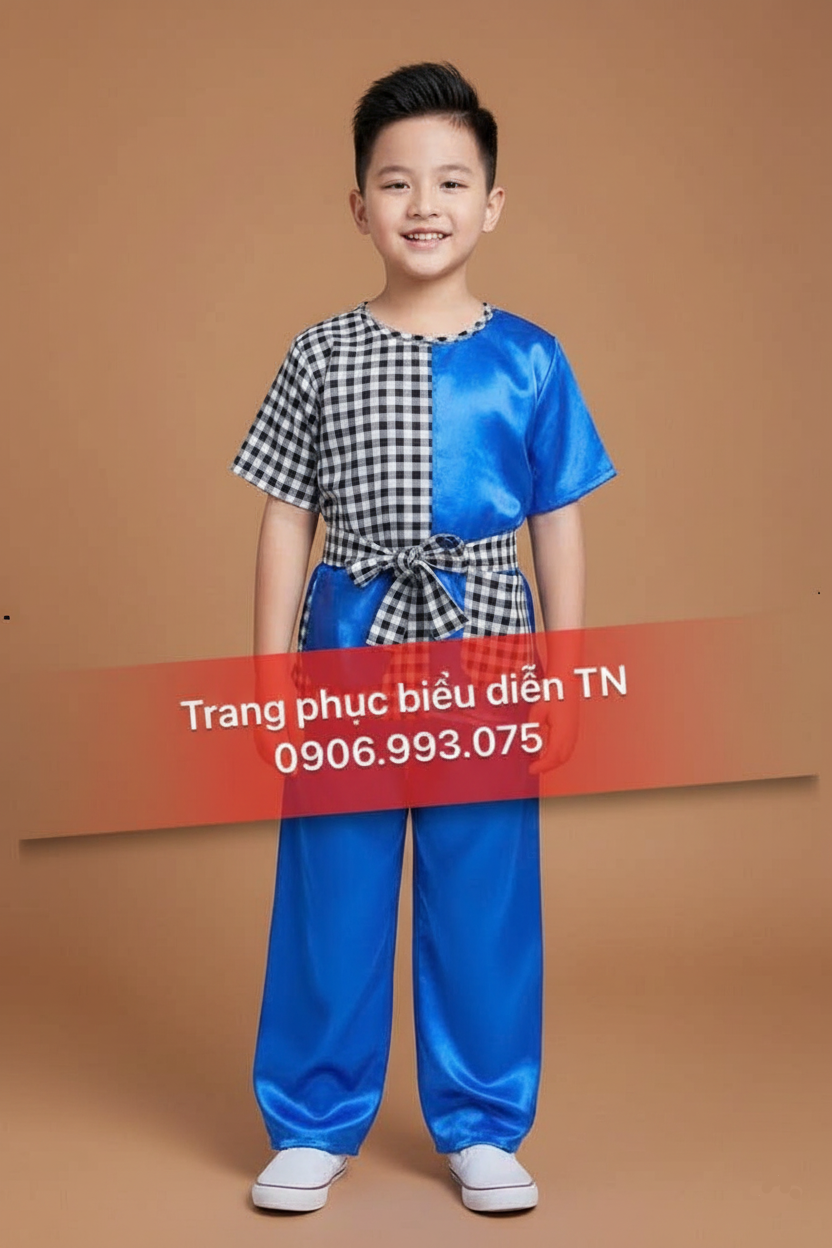 TE35 - Trang Phục Bà Ba Trẻ Em Xanh Dương Phối Caro