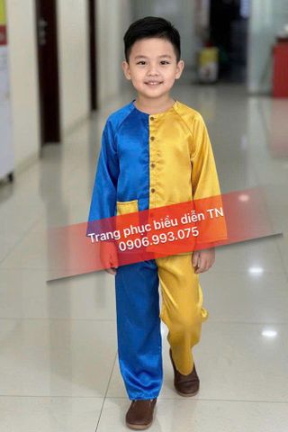  TE32 - Trang Phục Bà Ba/Trung Thu Trẻ Em Xanh Dương Phối Vàng 