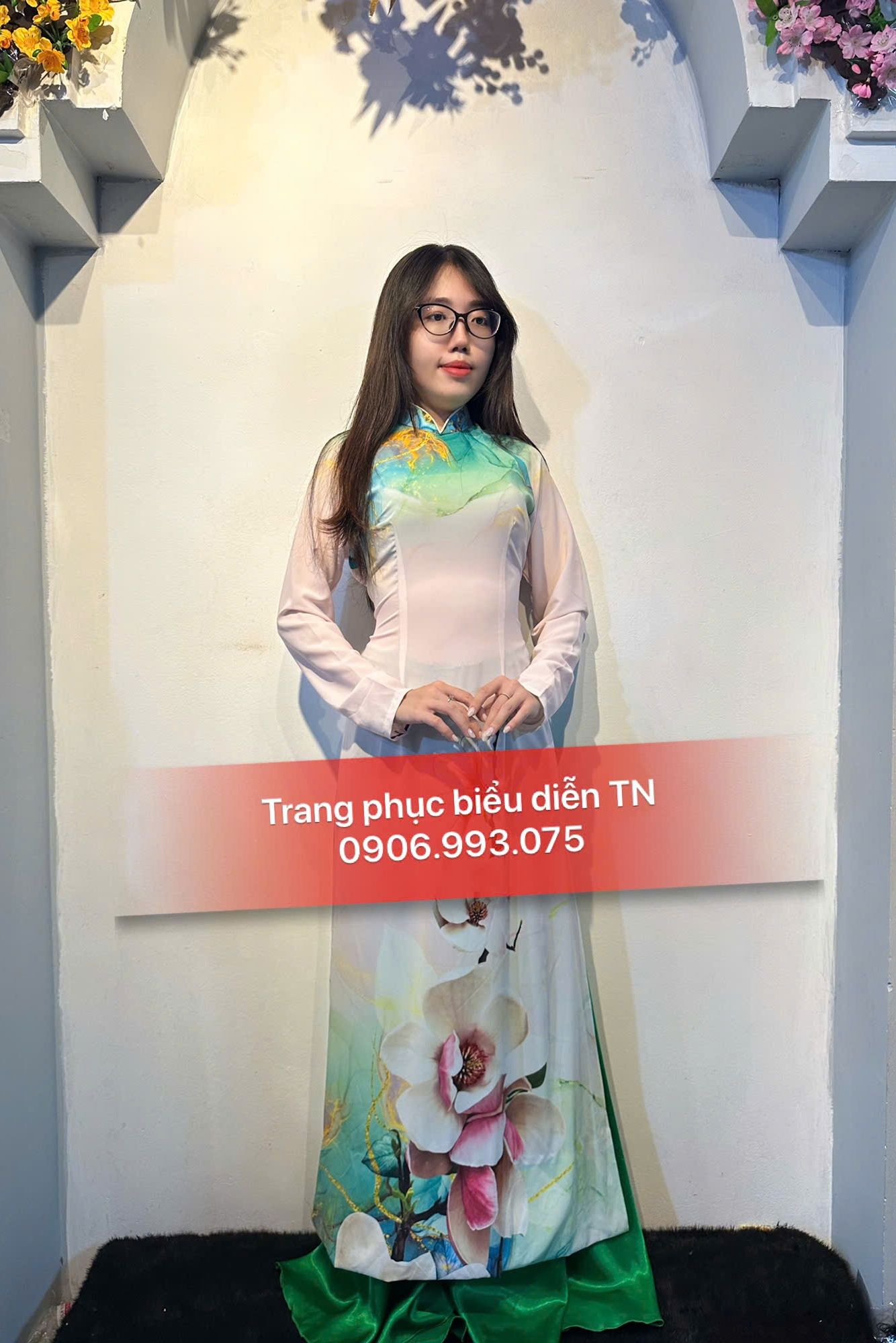 AD17 - Trang phục Áo Dài Nữ Hồng Phấn Loang Xanh Lá