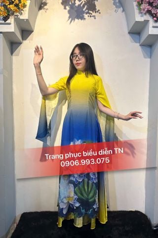  AD14 - Trang phục Áo Dài Nữ Sen Vàng Loang Xanh 