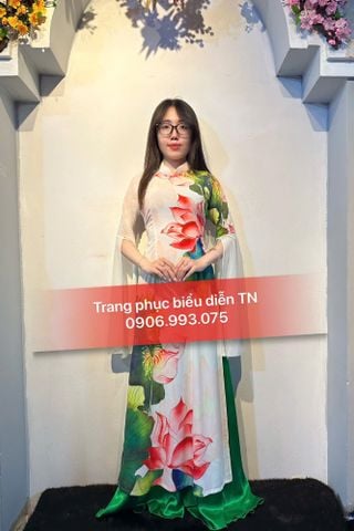  AD20 - Trang Phục Áo Dài Trắng Loang Sen Hồng Tay Xẻ 