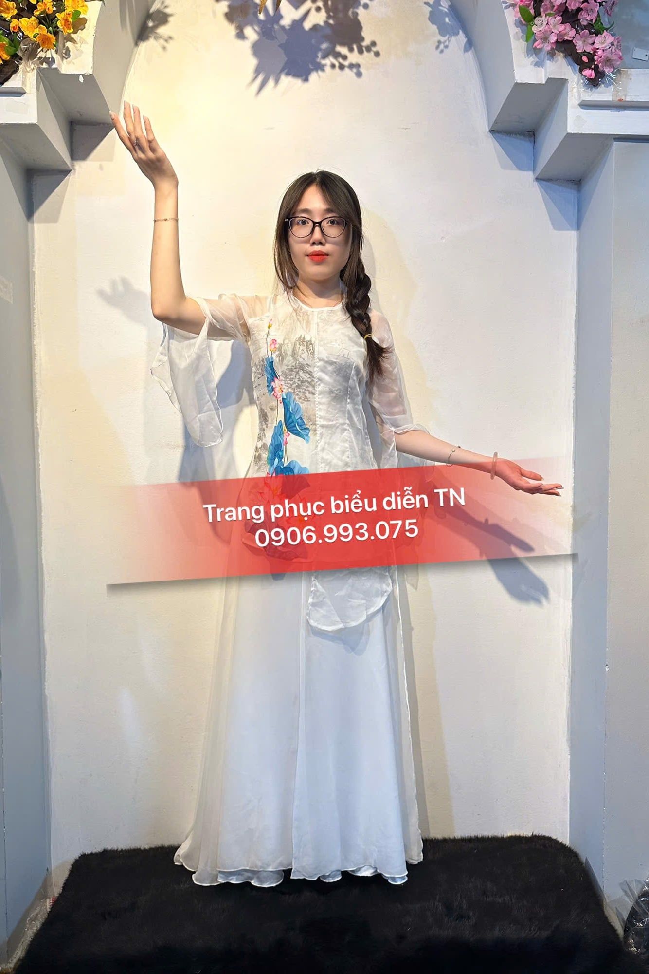 ABB51 - Áo Bà Ba Gấm Nữ Tà Trắng Sen Xanh