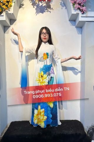  AD21 - Áo Dài Trắng Loang Sen Xanh Tay Xẻ Xanh 