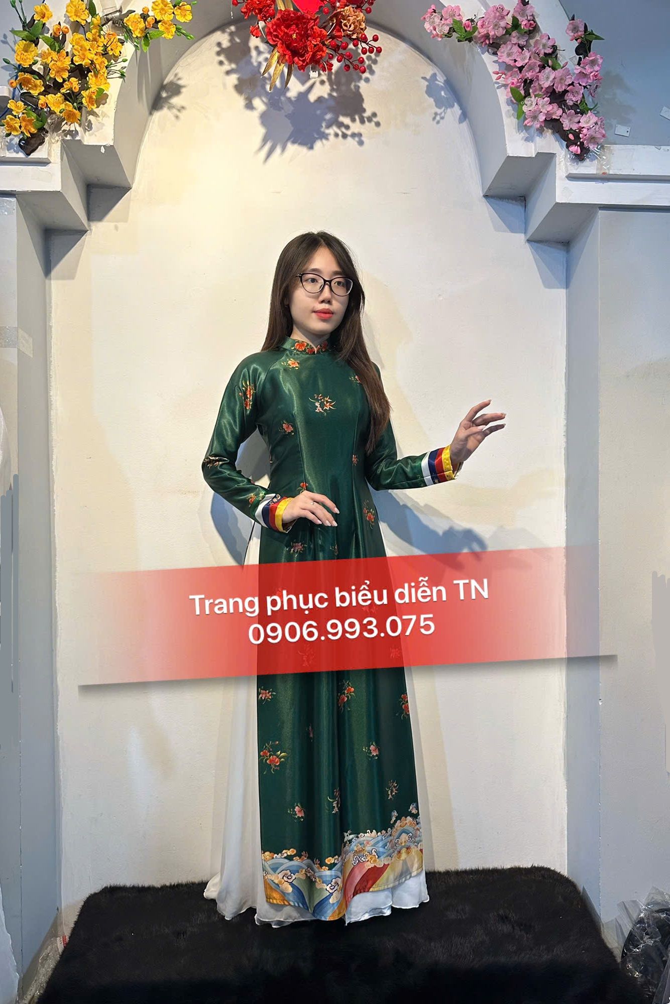 AD42 - Áo Dài Nữ Xanh Tay Ngũ Sắc