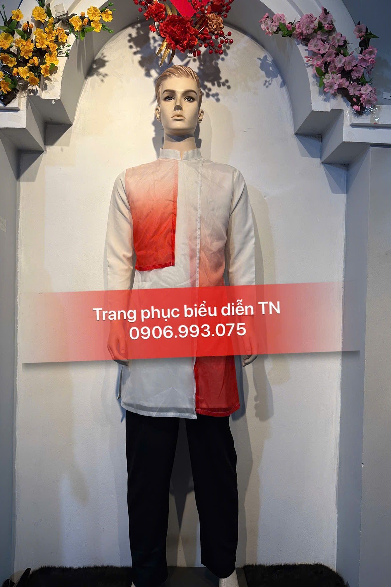 AD63 - Áo Dài Nam Trắng Tà Loang Đỏ