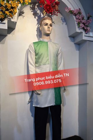  AD62 - Áo Dài Nam Trắng Tà Loang Xanh Lá 