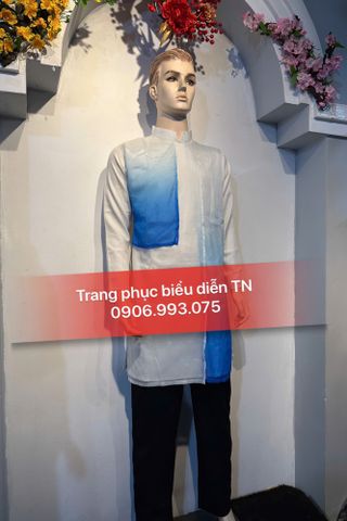  AD61 - Áo Dài Nam Trắng Tà Loang Xanh Dương 
